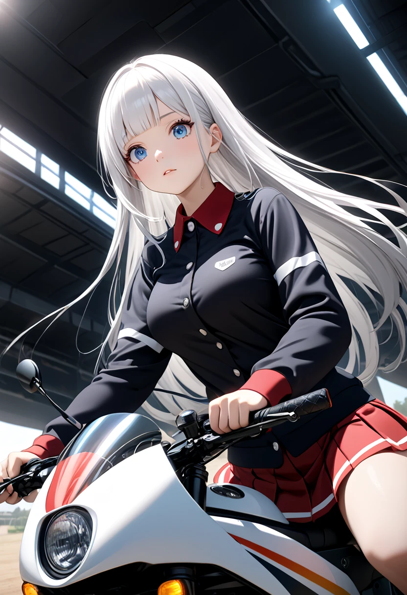 female, adult, blue eyes, White hair, Long hair with cute bangs, black and blue campus uniform, Mini Pleated Skirt, masterpiece, Noise Reduction, Perfect Anatomy, High Resolution, Super detailed, Game CG, Dutch Angle, exquisite detail, visual art、Perfect hands、Bright lighting、daylight、fantasy、riding a GP motorbike,