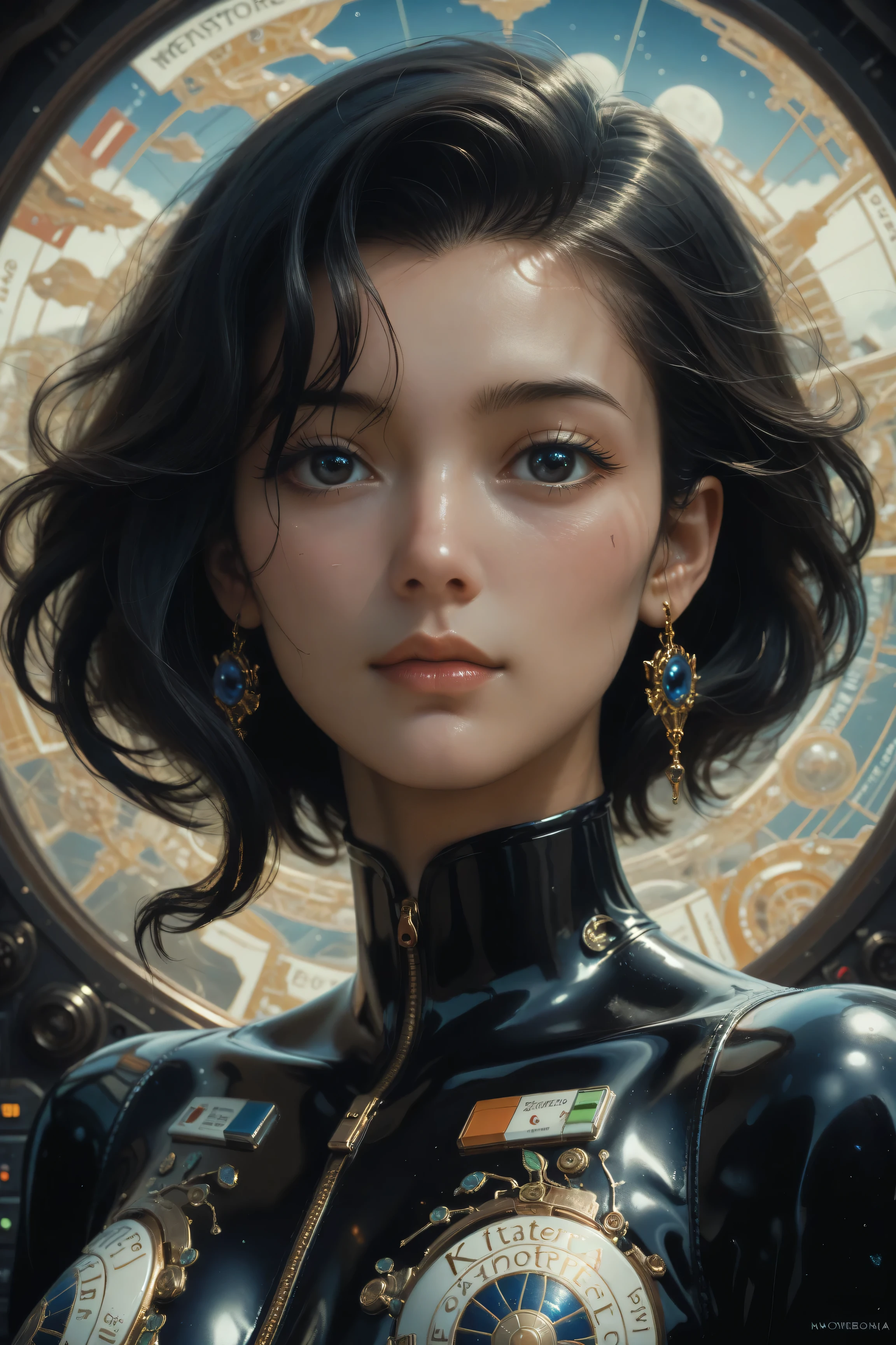 ((best quality)), ((masterpiece)), (detailed), perfect face of cyberpunk mecha japanese girl, shiny black eyes, shiny black body, shiny black hair, ((monochromatic black color palette)), surreal, art nouveau, in the illustrative style of moebius, spaceships, aliens, fantasy, sci-fi, graphic novel, line drawing, french retro, bizarre, gallery worthy, work of uncanny art,