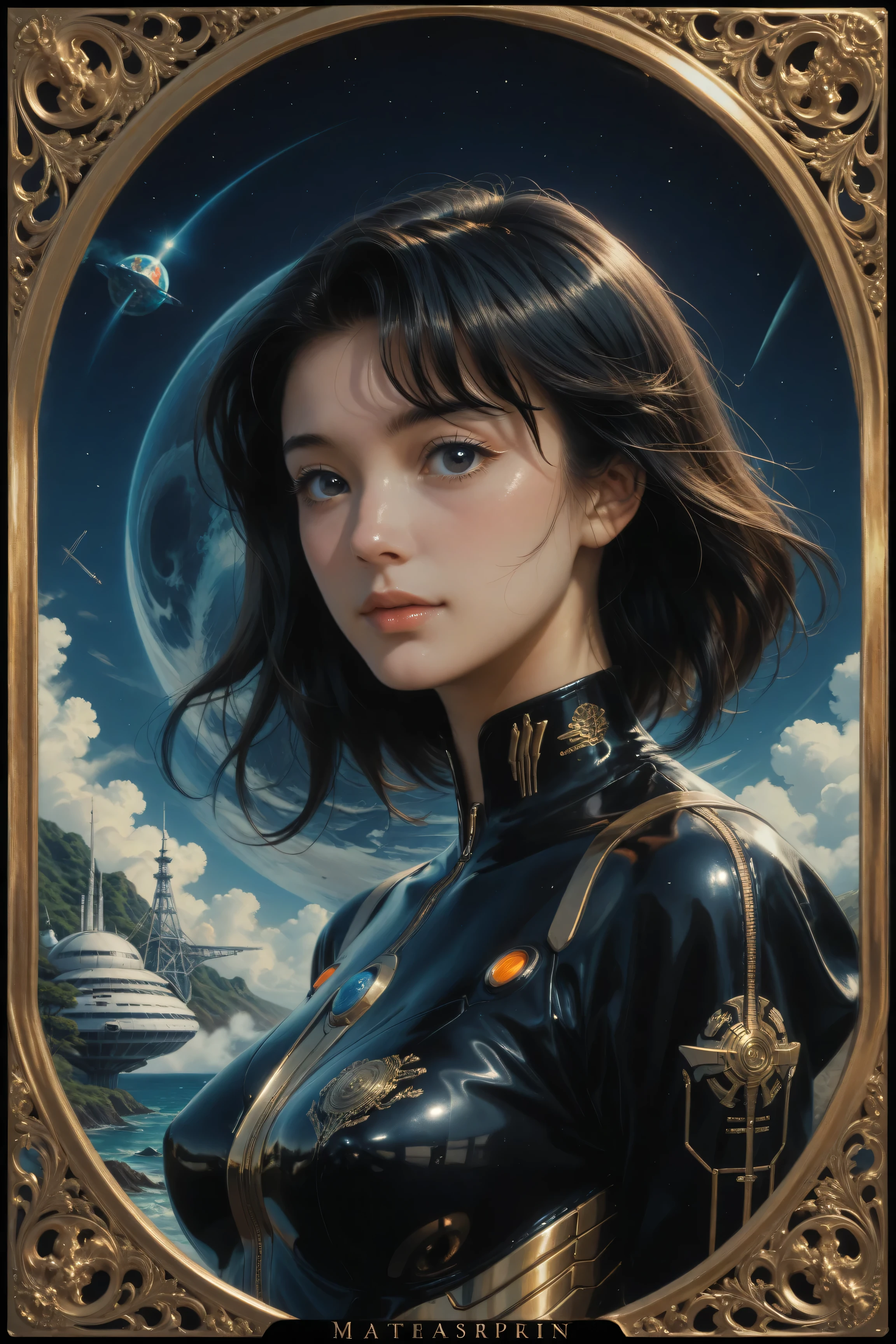 ((best quality)), ((masterpiece)), (detailed), perfect face of cyberpunk mecha japanese girl, shiny black eyes, shiny black body, shiny black hair, ((monochromatic black color palette)), surreal, art nouveau, in the illustrative style of moebius, spaceships, aliens, fantasy, sci-fi, graphic novel, line drawing, french retro, bizarre, gallery worthy, work of uncanny art,