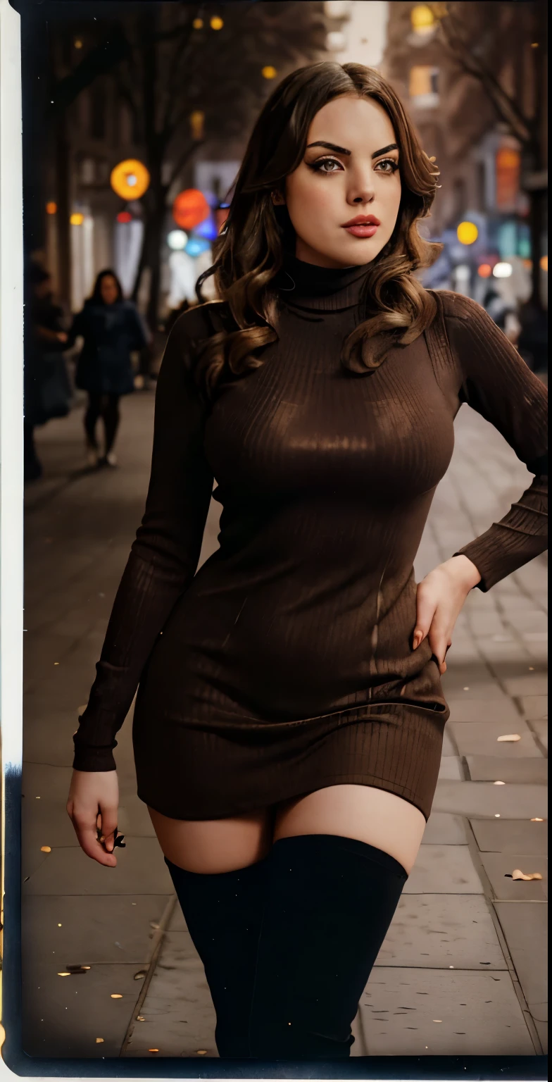 elizabeth gillies, bigfaketits, photo of seductive (rydrmccr4nn-134:0.99), a beautiful woman, perfect hair, closeup portrait, (vintage photo), (Warm Brown  tight turtleneck dress, thigh-high stockings), (walking on the streets of Barcelona), ((tintype, polaroid frame)), 24mm, (analog, cinematic, film grain:1.3), detailed eyes, (epicPhoto), (looking at viewer), (cinematic shot:1.3)