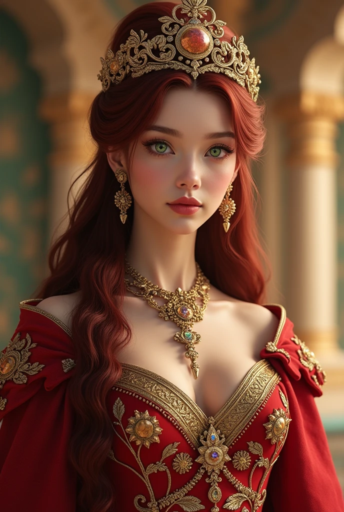Woman with wavy reddish brown hair, on top of her head a majestic queen's crown, wearing a red dress and a black medieval velvet cape