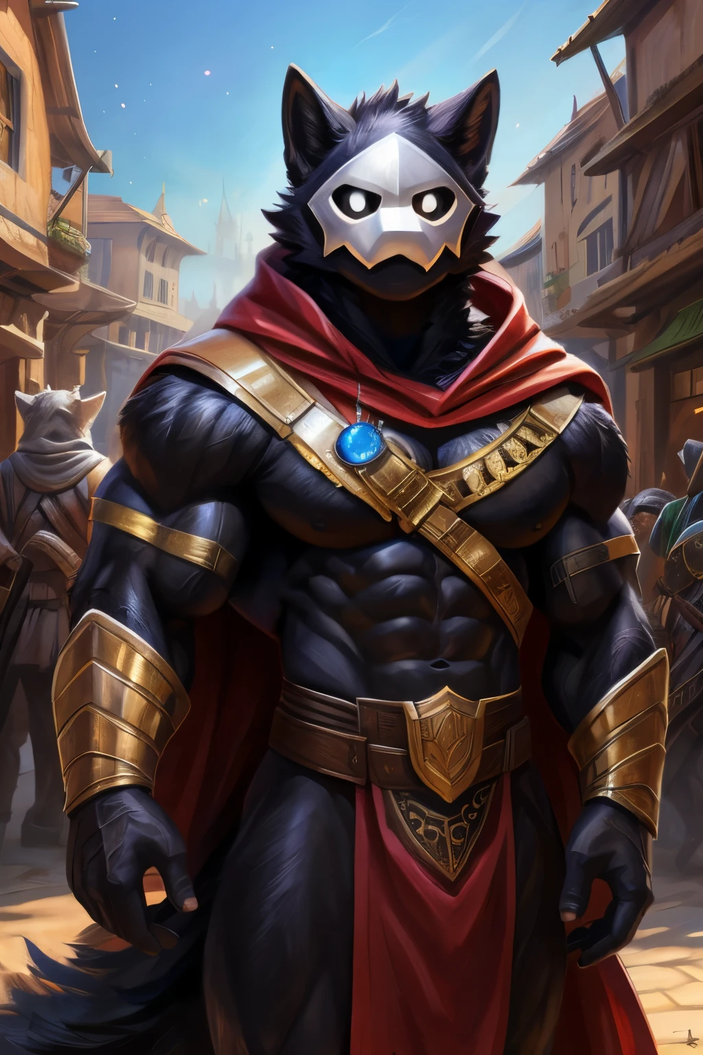 impasto, masterpieces, official art, anthro, male, standing, muscle, strong, mane, armor, Cloak, detailed eyes, upper body, (bust portrait), noon, bazaar, masses, Medieval town, light particles, Pino Daeni, Michael & Inessa Garmash, yupa, wolf, five finger, five toes, fluffy tail, puro \(changed\), black body, muscle