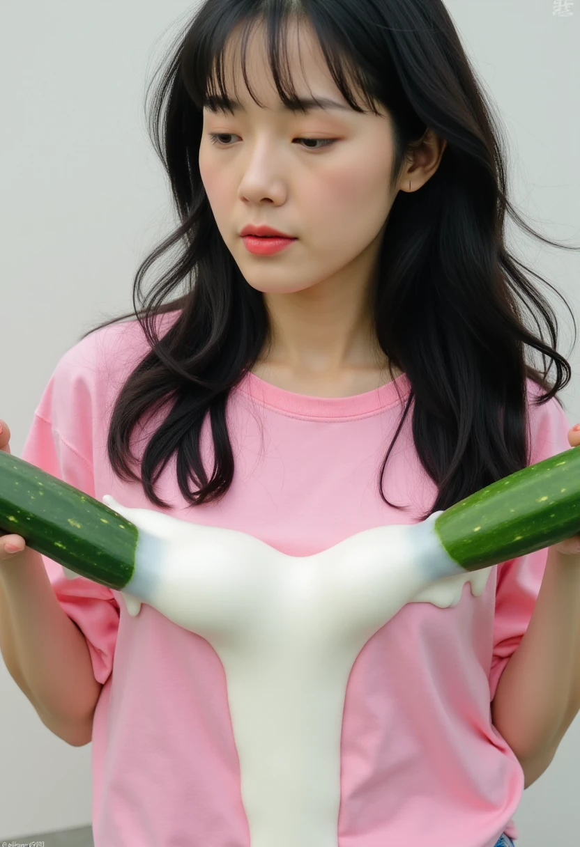 beautiful Korean woman with long hair wearing a pink t-shirt wearing culottes and carrying a large cucumber with thick white milk melting onto the woman's chest.