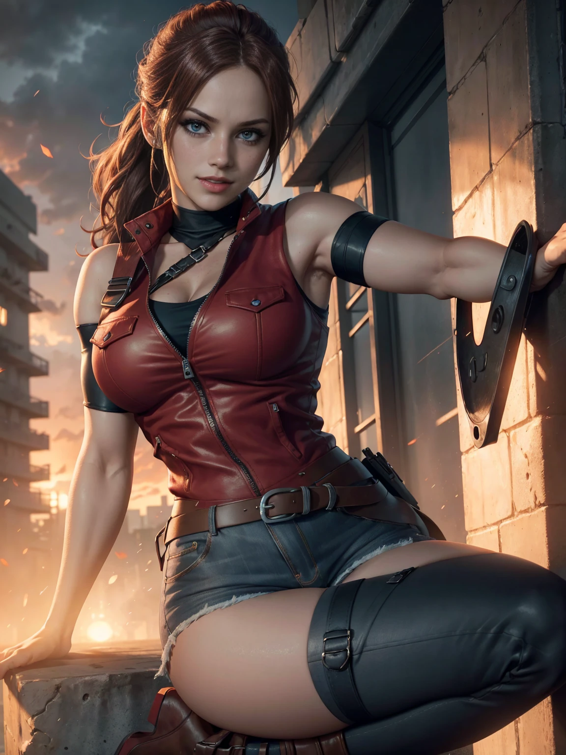 Claire redfield da resident evil,(best quality, 4K,8k,high resolution,work of art:1.2)(weather: sunset), city ruins background, police station, wide hips, long curly hair, short ponytail hair, brown hair, freckles, sleeveless top, short sleeve red jacket, blue denim shorts, pantyhose, harness, tall boots, light makeup, dark eyeshadow, flirting pose, ultra detailed,portrait,realistic,beautiful detailed blue eyes, beautiful detailed lips,extremely detailed eye and face, long eyelashes,average, large breasts,flying hair,beaming smile, sexy smile, powerful girl, bright coloured, dramatic lighting, smoke,