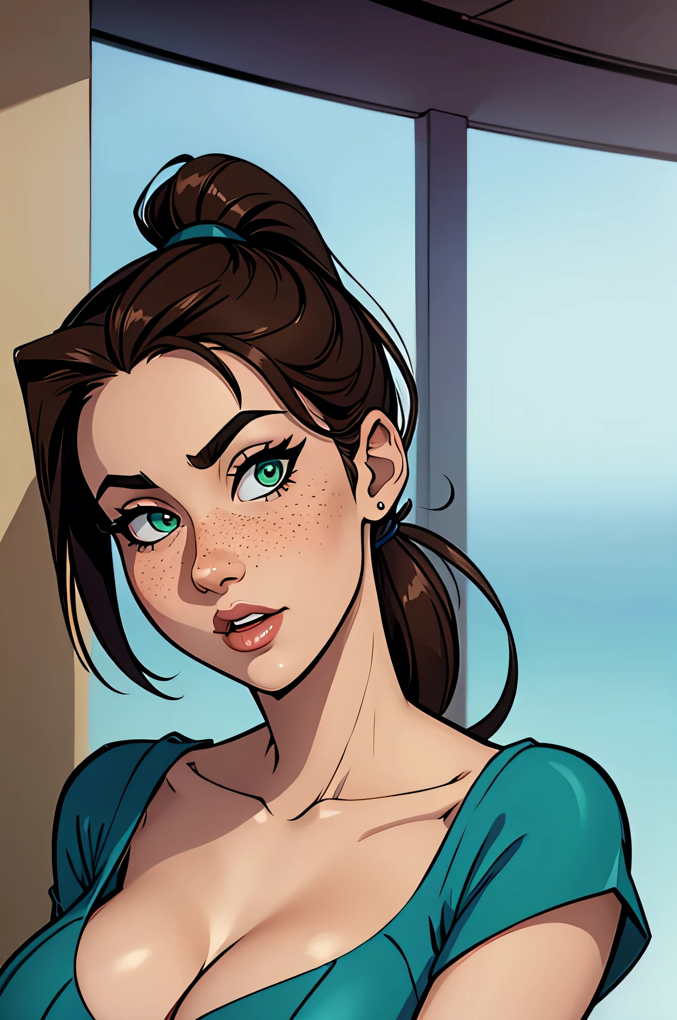 ( absurd, high quality , ultra detailed, watch out for your hand ) Close-up of a woman (flight attendant) athletic and skinny curvy , 25 years, 8k (( high definition)), Closely sighing face, seductive look, green eyes , wearing a long dark blue dress (( V-neck, short sleeves )), thin waist , pele caucasiana, Long brown hair (( with ponytail and fringe )), Walking inside an airplane (( upper body)), with freckles on the chest and neck, (( medium and round breasts )), (( Well defined collarbone )). Marvel style (( high quality )), white background.