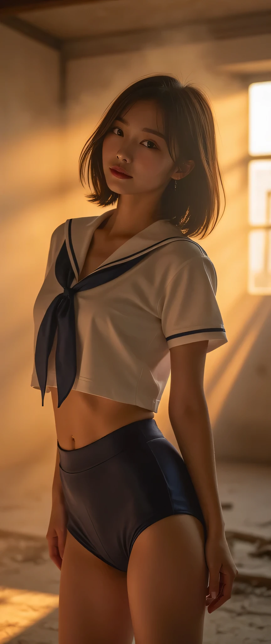 Perfect composition, Proper placement, Golden Ratio, Above the knee shot, Beautiful Japanese Women , Brown Hair, Ahoge:1.21, Brown Eyes :1.21, The body type of a mature adult woman, Perfect beauty, flat chest:1.331, Slender body:1.331, Thin limbs:1.331, thin waist:1.331, Small Ass:1.331, COMPLETE ANATOMY:1.331, has a small head:1.331, traditional sailor uniform from a prestigious high school in Tokyo, white uniform, Short-sleeved sailor suit:1.21, sera fuku:1.21, Sailor suit on top:1.21, Underneath are panties:1.21, Navy blue silk panties:1.21, Perfect beauty, At an abandoned school, The sunset is shining:1.21, Dust, steam, Emotional and dynamic cinematic lighting,