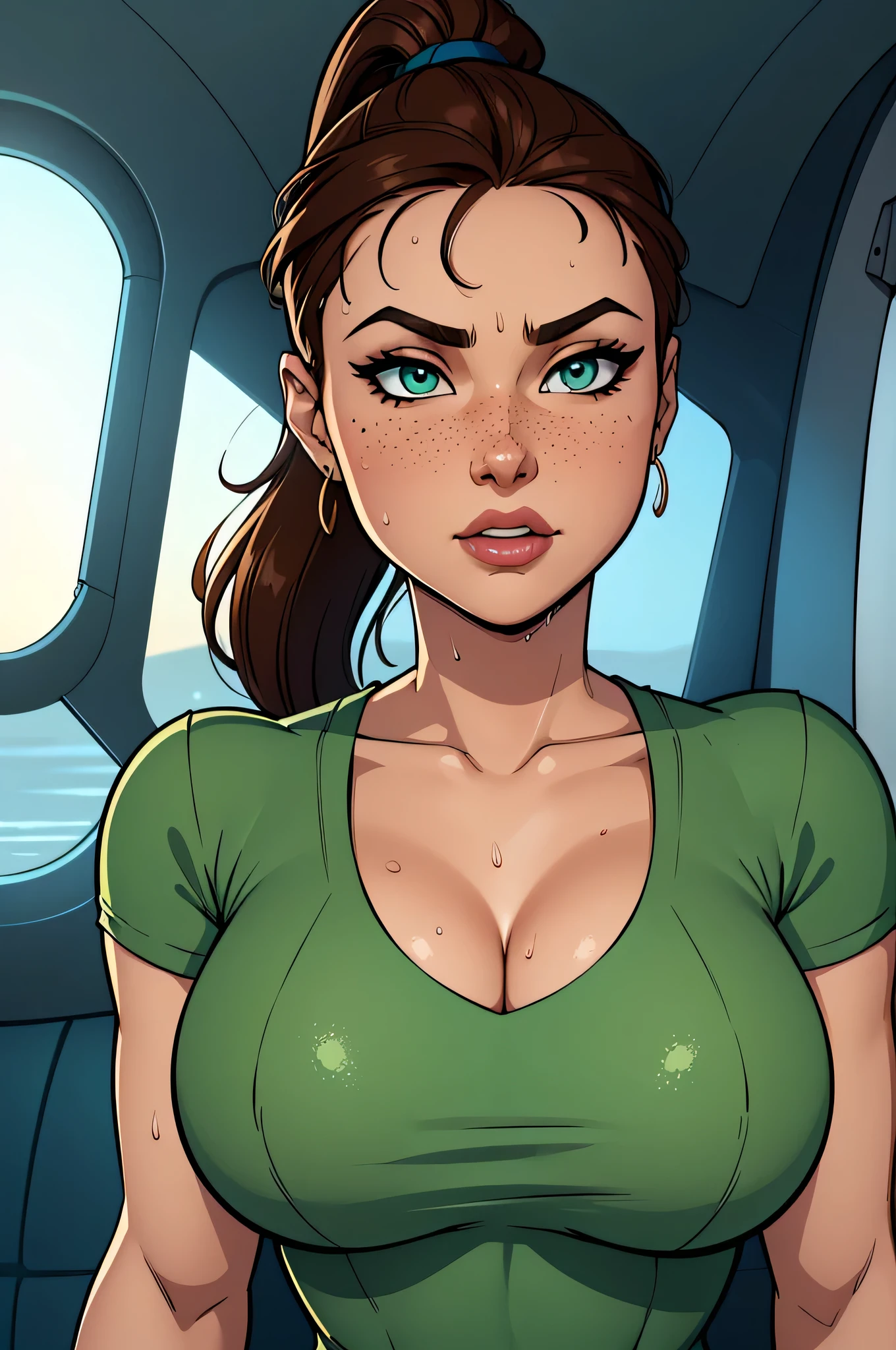 ( absurd, high quality , ultra detailed, watch out for your hand ) Close-up of a woman (flight attendant) athletic and skinny curvy , 25 years, 8k (( high definition)), sighing countenance, seductive look, green eyes , wearing a long dark blue dress (( V-neck, short sleeves )), thin waist , pele caucasiana, Long brown hair (( with ponytail and fringe)), Walking inside an airplane (( upper body)), curvaceous with freckles on the chest and neck, (( medium and round breasts close to , Wet with sweat )), (( Well defined collarbone )). Marvel style (( high quality )), white background.