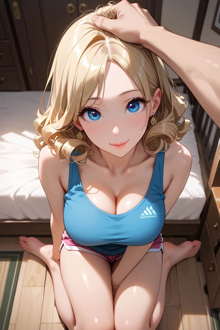 nsfw, uncensored, Score_9, Score_8_up, Score_7_up, Score_6_up, Score_5_up, Score_4_up, Source_anime, Tag1, Tag2, Quality_masterpiece, Anatomically correct, Beautiful face, Perfect face, Highly detailed beautiful face and eyes, Detailed eyes, Attractive face, Detailed face, Delicate facial features, Detailed skin BREAK Curvy, Sensual woman, Seductive woman, Mature female, Milf, Motherly, 40yo, large breasts, Curvy, curly hair, parted bang, blonde hair, blue eyes, (big eyes:1.2) 
BREAK white tank top, pink short shorts, full body, Scratching own head from above BREAK sitting, indian style, (room, cute room:1.2)