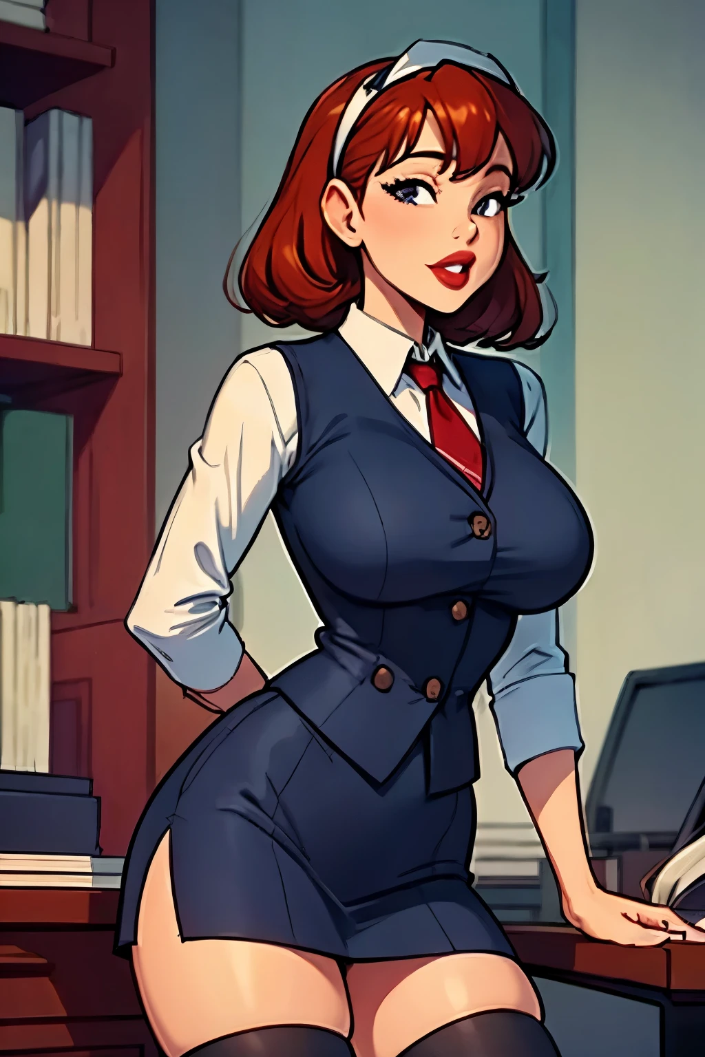 Sharona, wearing a navy office suit, white shirt, navy skirt,red lips,hairband,black stockings, high quality, 