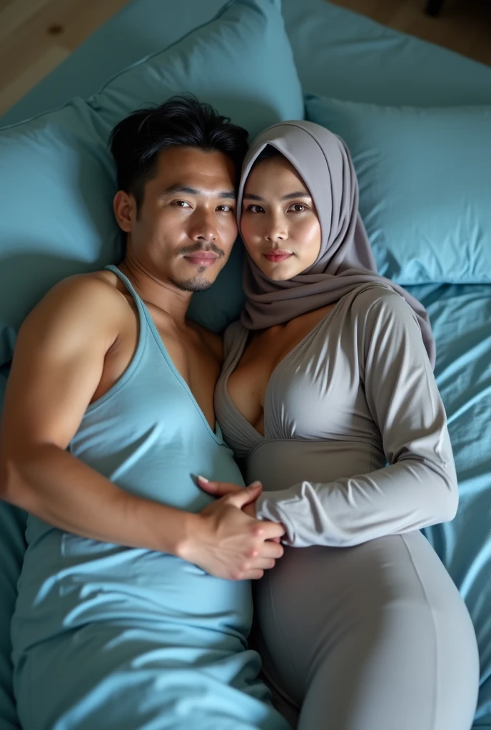 a beautiful Indonesian woman wearing a hijab, slim, 32 years old wearing a robe with the buttons open, visible bra, is holding the penis of a 14 year old teenage boy on the bed, in a room with wooden plank walls, at night