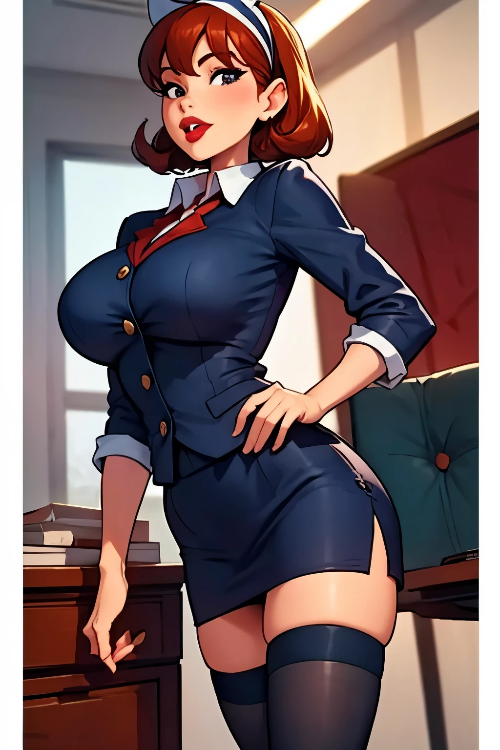 Sharona, wearing a navy office suit, white shirt, navy skirt,red lips,hairband,black stockings, high quality, 