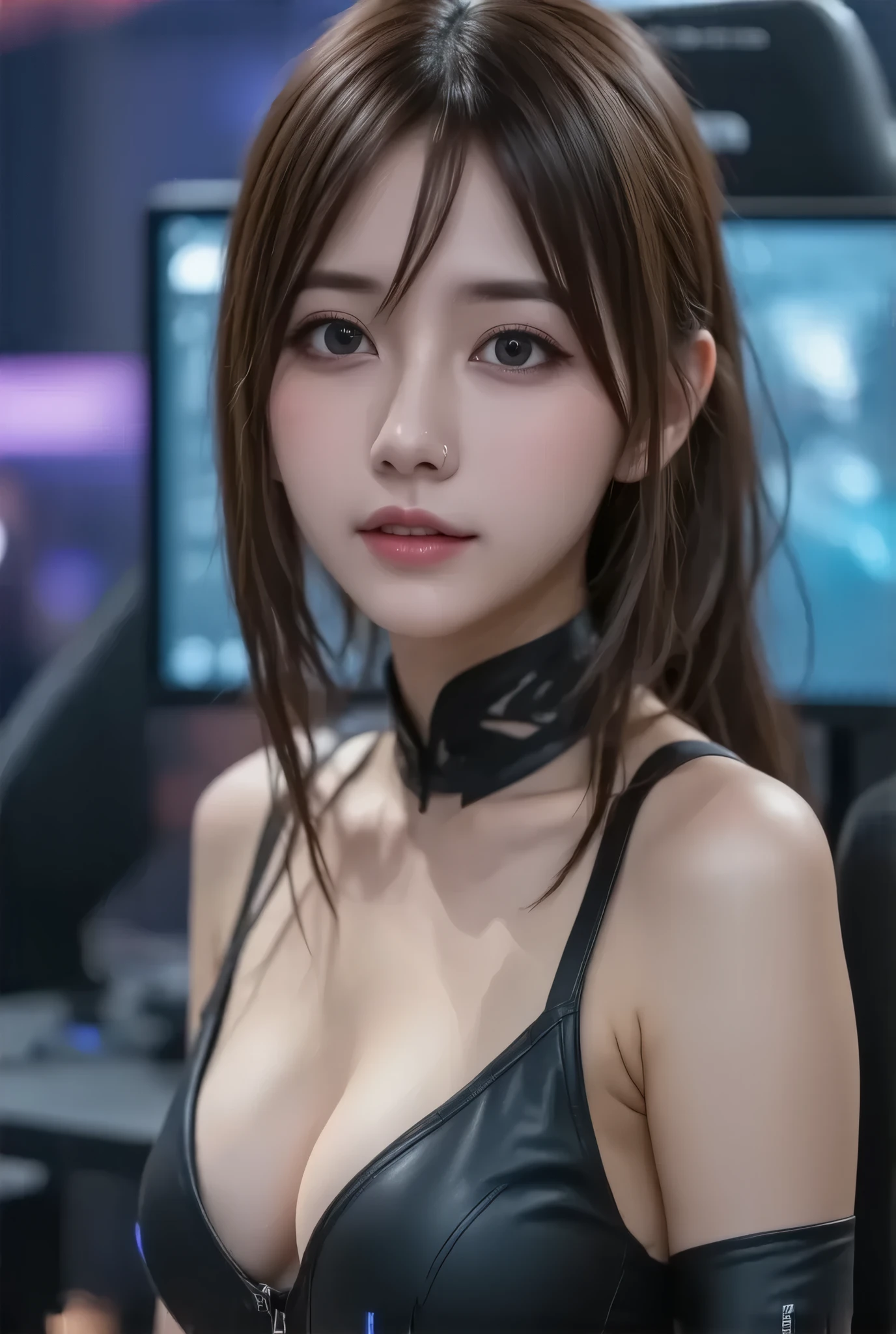 最Highest quality, Highest quality, 16k, Unbelievably absurd, Very detailed, 2.5D, delicate and dynamic, Movie Scenes, formal, Poster Design, Esports, Tokyo, Indoor Stage, , game PC, game, headset, The Big Picture, Flashy lighting, psychedelic, Gaming Chair, PC Monitor , , Small face, Very delicate facial expressions, Delicate eye depiction, Upper body close-up, erotic, One sexy woman, Healthy body shape, 25-year-old woman, Cool woman, Height: 170 cm, huge bouncing busts, Esports player, Flashy shirts, game character cosplay, Logo on the back, Complicated costumes, Glamorous costumes, hot pants, , sneakers, Fascinating, LOL, Play PC games, Gaming Chairに座る