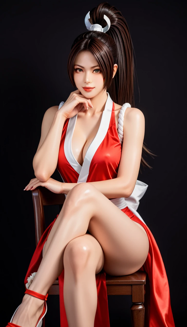   Masterpiece  ,   Best quality ,  Realistic Japanese Woman
 realistic pictures  ,   high quality sashimer    ,    vibrant colors  ,   Light and dark lighting   ,     ,
1 female, Mai Shiranui  (( King of Fighters )))
  long hair,   brown hair ,  Half Open Brown Eyes   (  half closed eyes ), 
,   thick thighs  ,  elegant crossed legs ,
   sitting  , 
 Seductive Pose , Dark Background, Dark Places,   Dramatic angle  ,