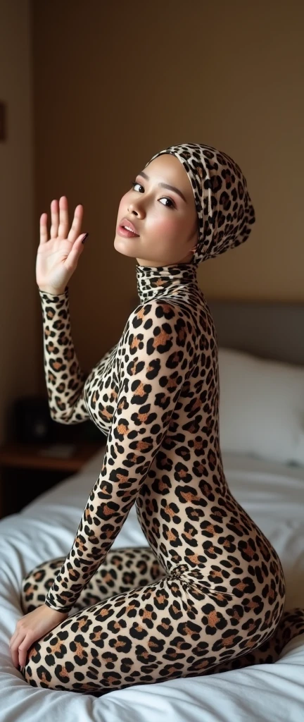 The most beautiful,thin,most pretty and clever Asian muslimah adult girl wears clouded leopard lycra turtleneck unitard catsuit covered with spots.She always wear clouded leopard print lycra dancewear stretchy square hijab covered with many spots.She reads a lot of novel books on the wooden chair.