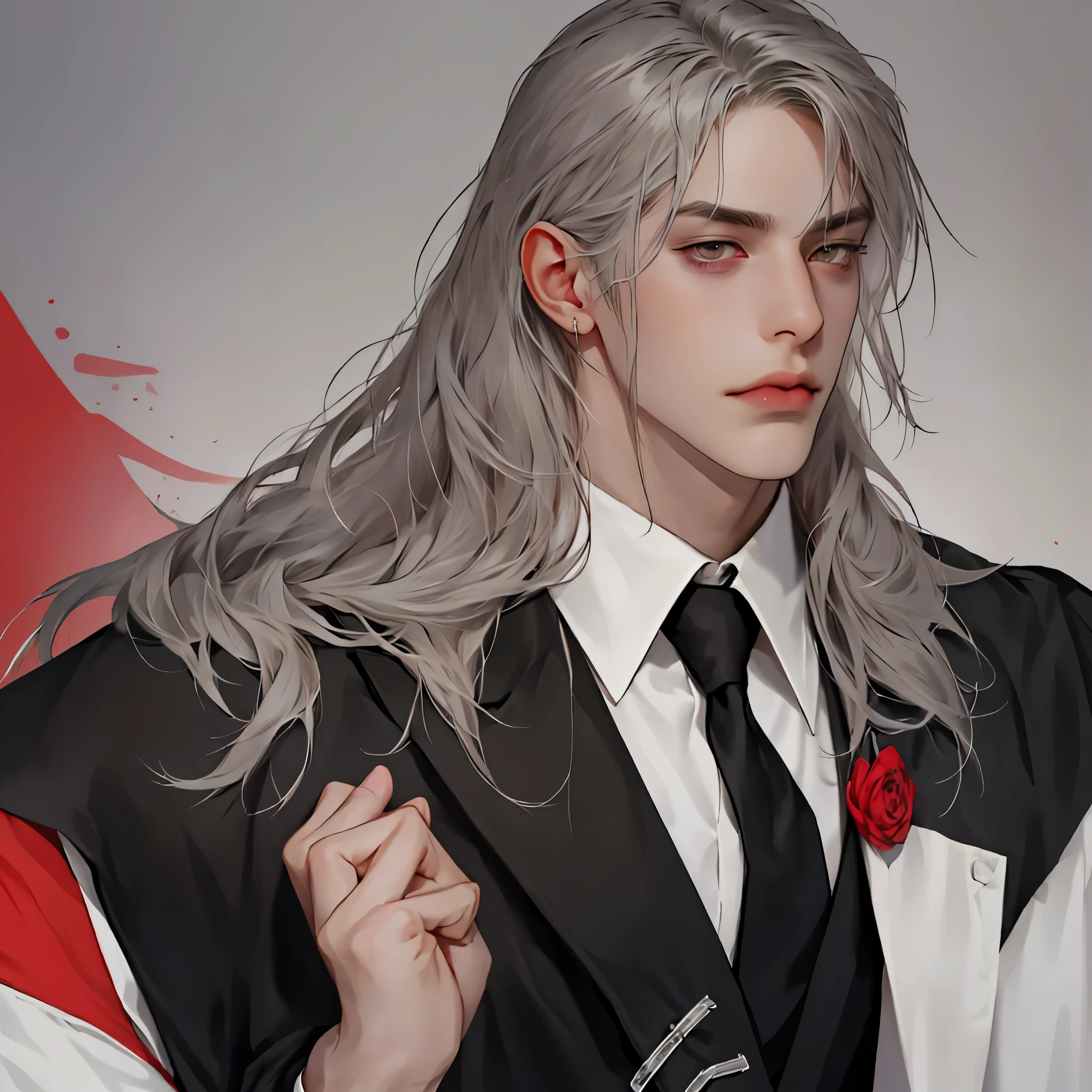 A young man with long black and gray hair, very handsome, long hair,alucard.