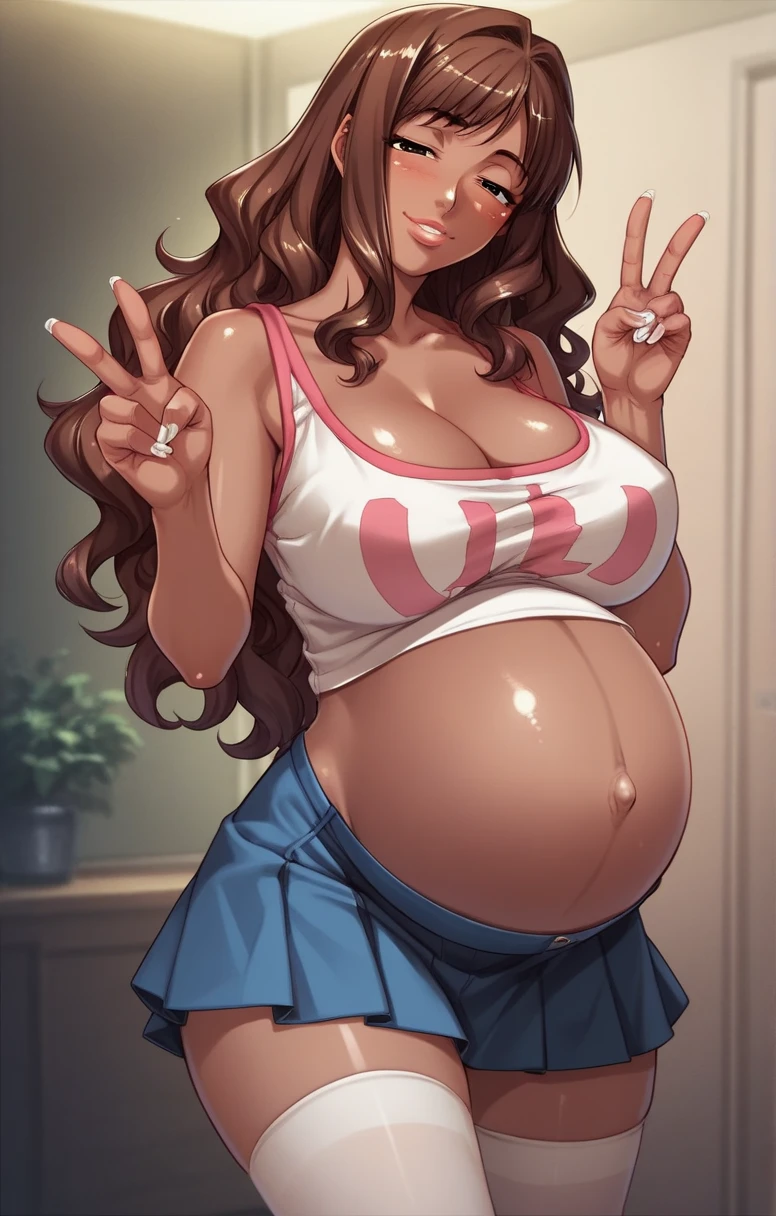 aruurara,anime, brown hair ,half-closed eyes ,  dark skin, Alone,  curvy figure , ( Big breasts ), voluptuous, (lips), dark pink lips, white nails, Blush and smile ,  cleavage, crop top, Conserved,stupid, short skirt, for the, thighhighs,  thick thighs ,  detailed clothing  ,  long hair,  wavy hair,in the hotel room,peace sign,pregnant