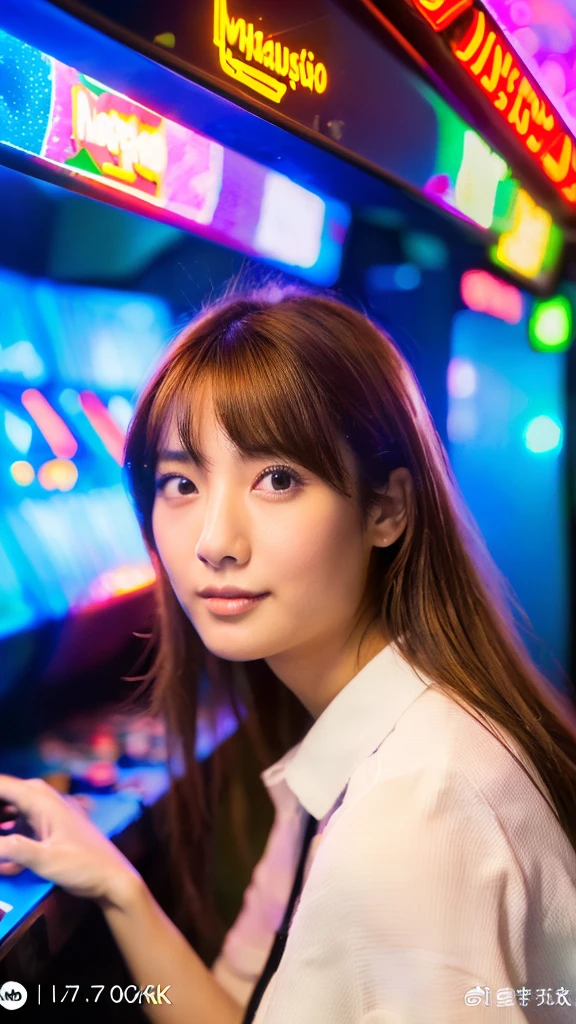 beautiful Japanese woman, Fascinating face, Brown Eyes, Ponytail-Hair, Wavy Posing, Thick Body, Gorgeous dress, Photographing the upper body, cinematic photograph, in Dark amusement arcade,