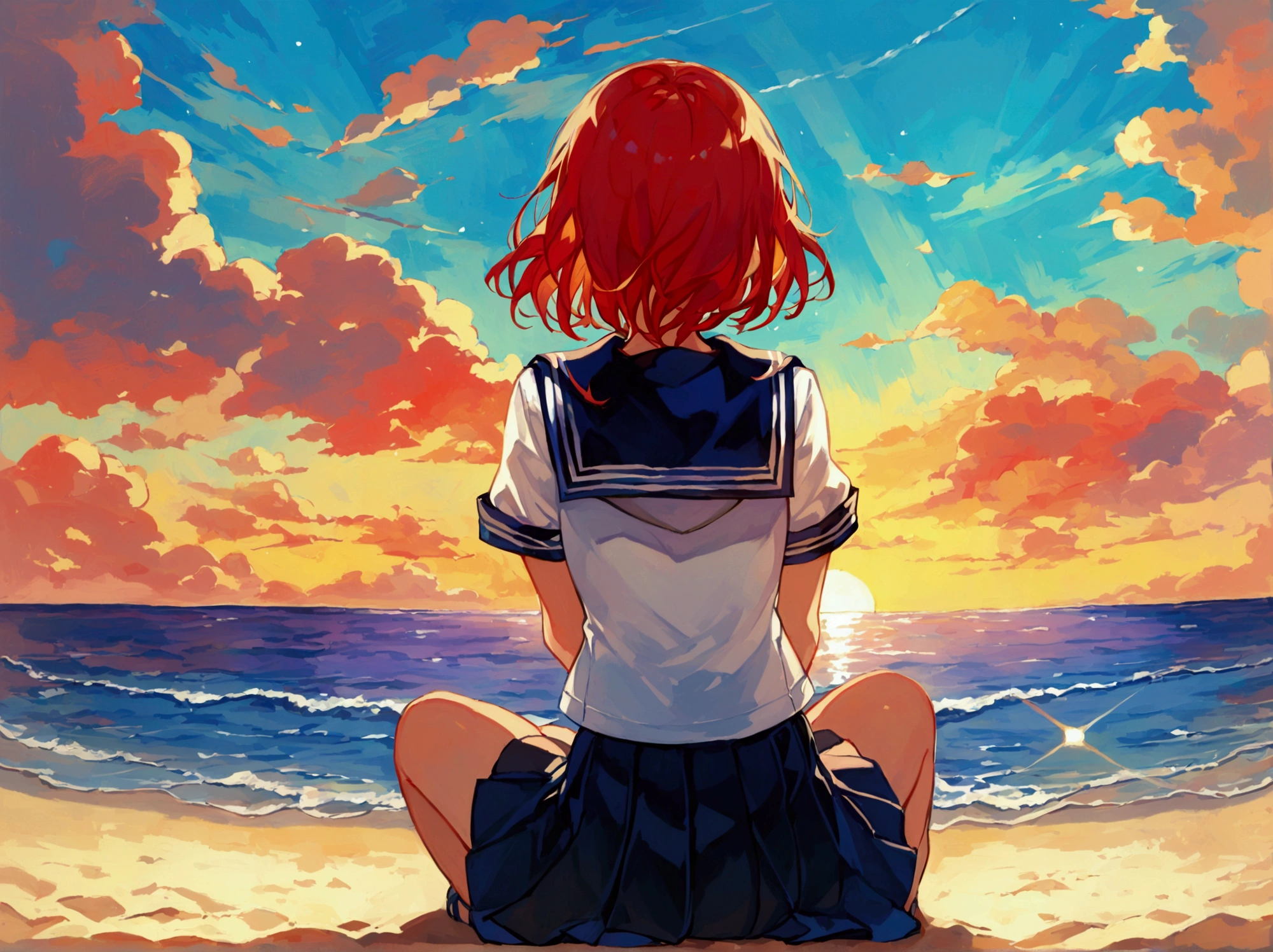  1 girl 、 short red hair and asymmetrical hairstyle、Young high school girl、wearing a summer sailor suit、I'm sitting in a triangle on a sandy beach and watching the ocean、Have double teeth、 Nostalgic Seaside 、rural sea 、 Not So Clean Ocean、Sky at twilight、幻想的な黄昏の空solo, solo, Girl looking back