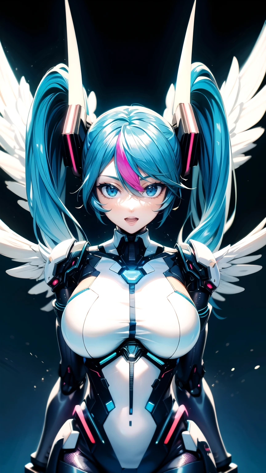 hatunemiku VOCALOID, twintail, turquoise hair, mecha, 1girl, cyberpunk, big breasts, realistic, mechanical parts, {{{{Angel wings}}}}, robot joints, headgear, full armor, armor color{{{{white}}}}, beautiful art, 8k cg wallpaper,