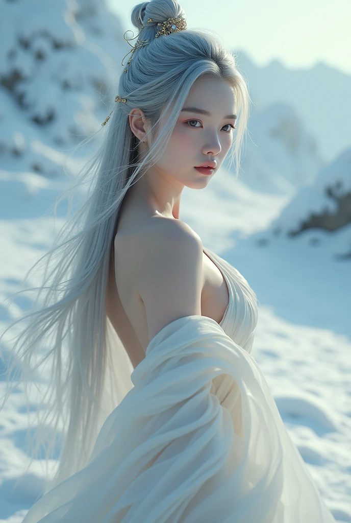 (Masterpiece, best quality:1.2),1 girl, upper body,tail, large tail, white hair, My hair is very long., Wavy hair, gray eyes, detailed eyes, colorful hair, circle, bead necklace, little smile, yellow coat, moon light hue short dress,tank top, rag,Show off your abdominal muscles, hip vents, Pelvic curtain, gray thighs, snowy, snowy mountains, snow storm, Volumetric light, subsurface scattering, movie light, chiaroscuro, floating hair, Put your hands on your own chest.