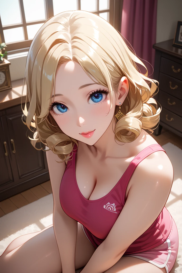 nsfw, uncensored, Score_9, Score_8_up, Score_7_up, Score_6_up, Score_5_up, Score_4_up, Source_anime, Tag1, Tag2, Quality_masterpiece, Anatomically correct, Beautiful face, Perfect face, Highly detailed beautiful face and eyes, Detailed eyes, Attractive face, Detailed face, Delicate facial features, Detailed skin BREAK Curvy, Sensual woman, Seductive woman, Mature female, Milf, Motherly, 40yo, large breasts, Curvy, curly hair, parted bang, blonde hair, blue eyes, (big eyes:1.2) 
BREAK white tank top, pink short shorts, from above BREAK sitting, indian style, Embracing, Kissing,  (room, cute room:1.2)