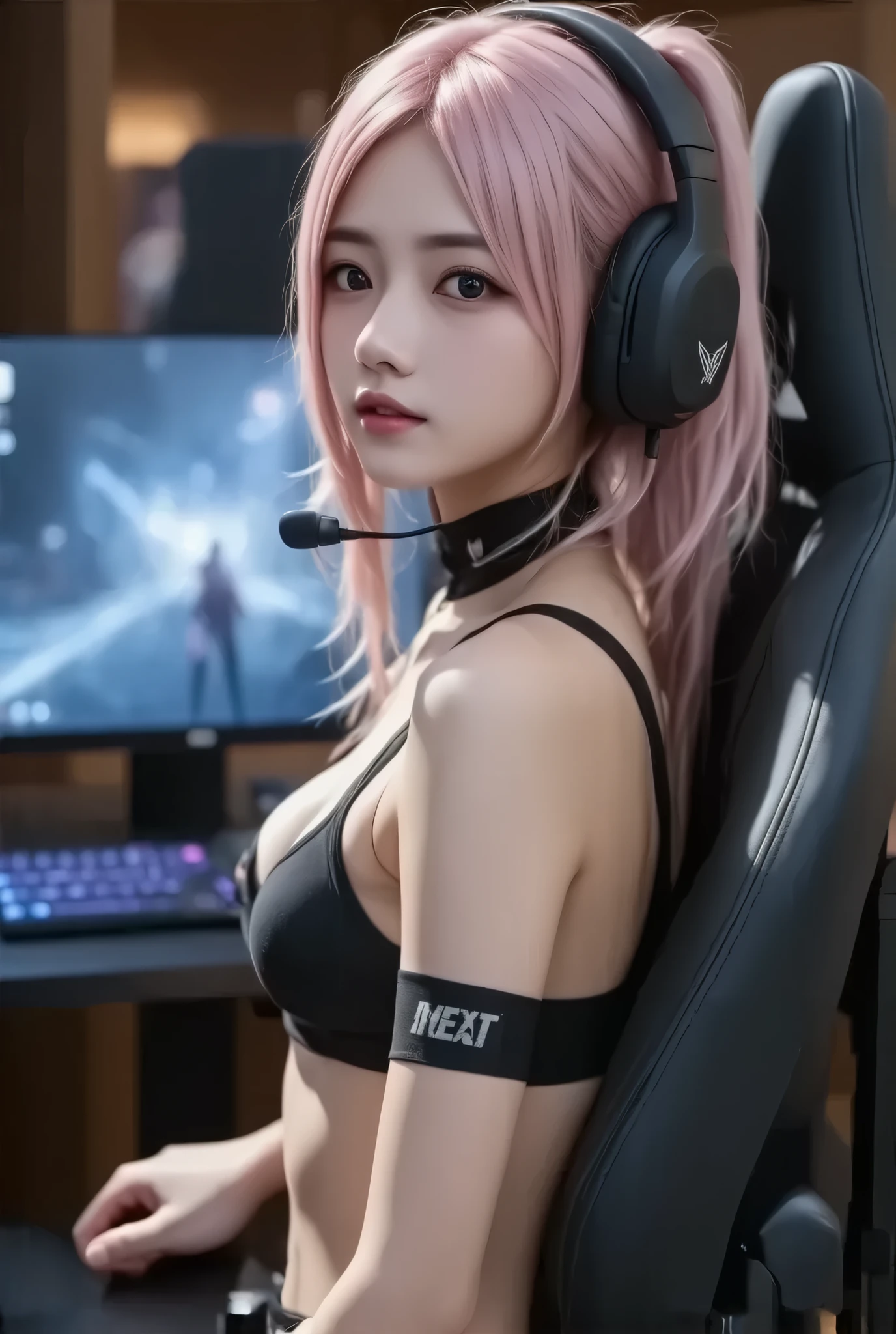 Highest quality, Highest quality, 16K, Unbelievably absurd, Very detailed, 2.5D, delicate and dynamic, Movie Scenes, formal, Poster Design, Esports, Tokyo, Indoor Stage, , game PC, game, headset, The Big Picture, Flashy lighting, psychedelic, Gaming Chair, PC Monitor , , Small face, Very delicate facial expressions, Delicate eye depiction, Upper body close-up, erotic, One sexy woman, Healthy body shape, 25-year-old woman, Cool woman, Height: 170cm,(beautiful and big bouncing firm ample breasts, deep cleavage:1.5) and a huge waist,, Esports, Flashy shirts, game character cosplay, Logo on the back, Complicated costumes, Glamorous costumes, hot pants, , sneakers, Fascinating, lol, play PC games, sit on a gaming chair