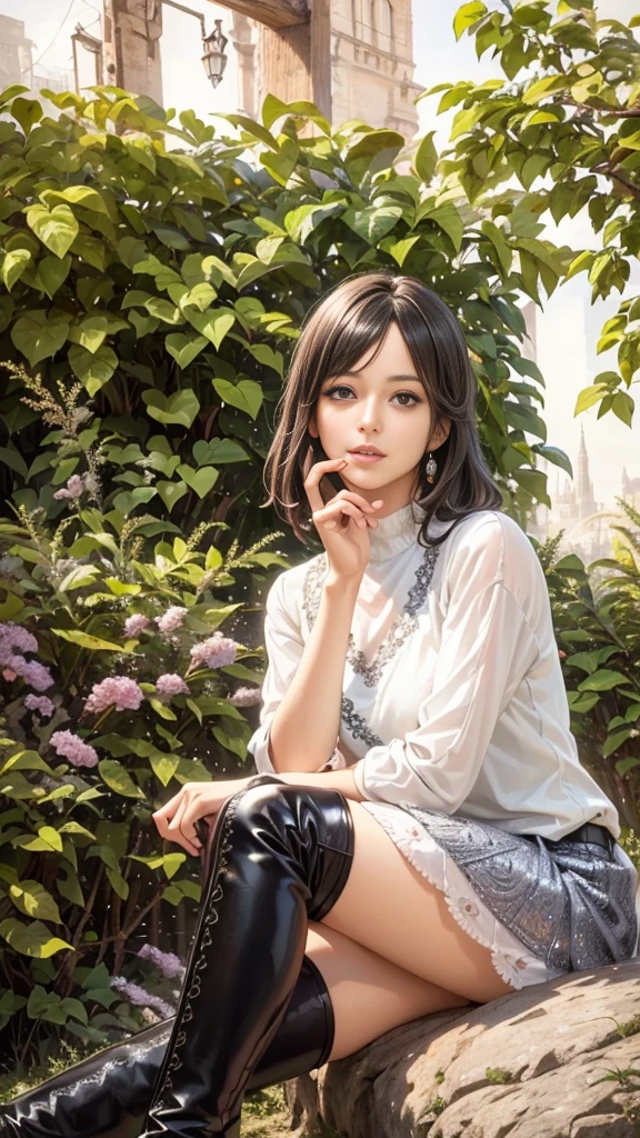 a close up of a woman sitting on a rock near a bush, detailed beautiful eyes, beautiful detailed lips, extremely detailed face and features, long eyelashes, intricate metal ornaments, colorful feathers, shiny particles, dramatic lighting, fractal art elements, vivid colorful abstract background, zentangle patterns, shiny skin, ombre gradient skirt, high neck blouse with silver embroidery, medium length hair in side updo with flipped ends, long boots，1girl, (best quality,4k,8k,highres,masterpiece:1.2),ultra-detailed,(realistic,photorealistic,photo-realistic:1.37),HDR,UHD,studio lighting,ultra-fine painting,sharp focus,physically-based rendering,extreme detail description,professional,vivid colors,bokeh,portraits,fantasy,detailed