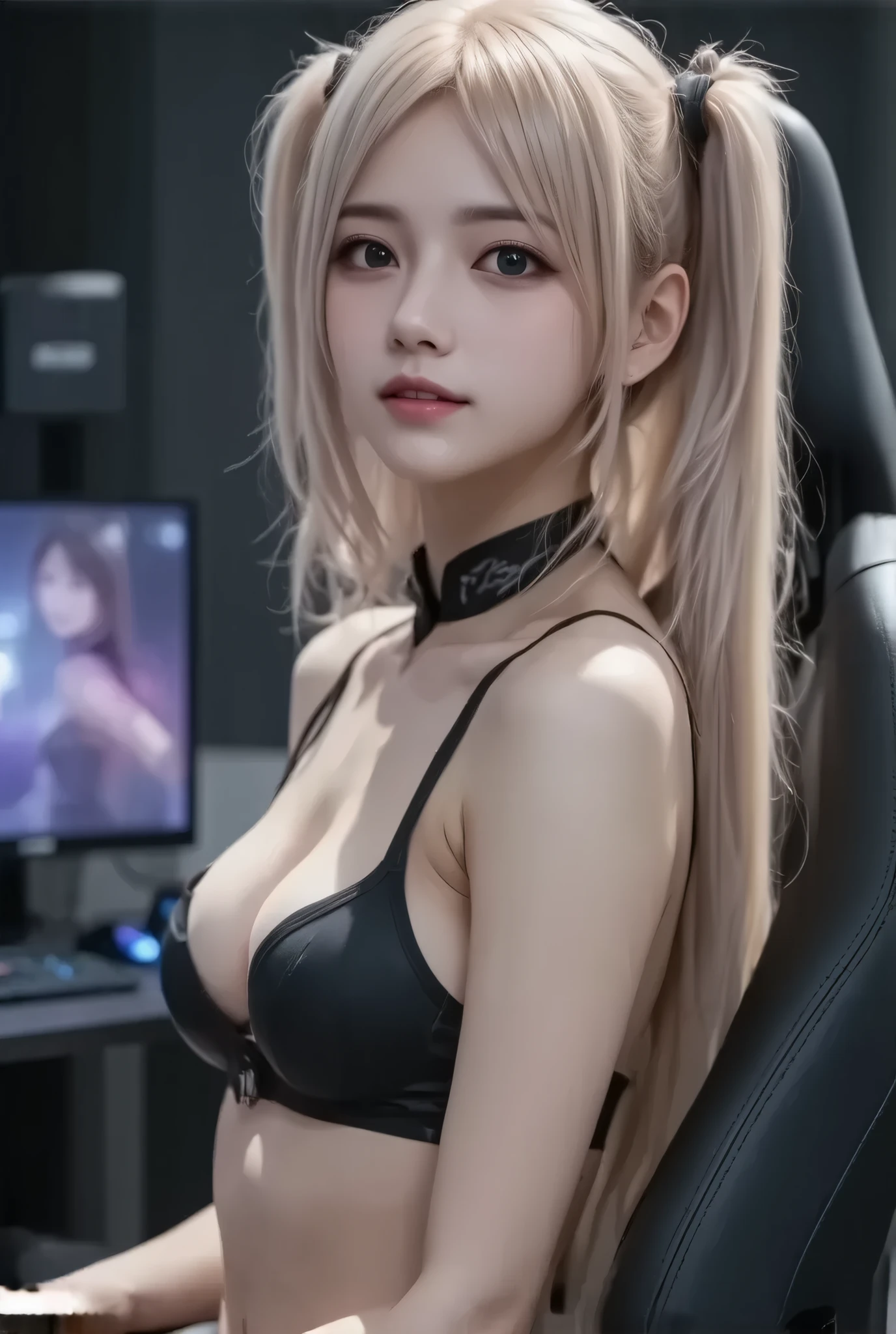 Highest quality, Highest quality, 16K, Unbelievably absurd, Very detailed, 2.5D, delicate and dynamic, Movie Scenes, formal, Poster Design, Esports, Tokyo, Indoor Stage, , game PC, game, headset, The Big Picture, Flashy lighting, psychedelic, Gaming Chair, PC Monitor , , Small face, Very delicate facial expressions, Delicate eye depiction, Upper body close-up, erotic, One sexy woman, Healthy body shape, 25-year-old woman, Cool woman, Height: 170cm,(beautiful and big bouncing firm ample breasts, deep cleavage:1.5) and a huge waist,, Esports, Flashy shirts, game character cosplay, Logo on the back, Complicated costumes, Glamorous costumes, hot pants, (hatsune miku:1.4), sneakers, Fascinating, lol, play PC games, sit on a gaming chair