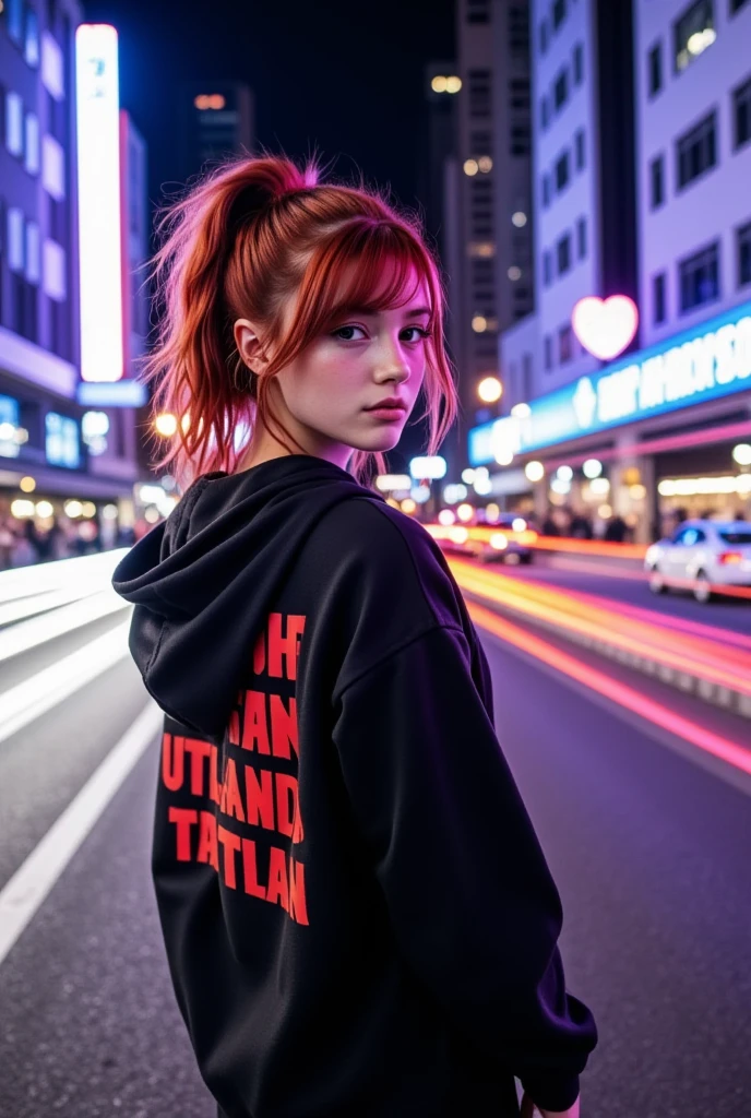 The image showcases a striking, neon-lit urban scene featuring a young woman named vanessa with red hair styled in a loose, high ponytail, illuminated dramatically by vibrant pink and blue lights. She stands in profile but turns her head slightly to make direct eye contact with the viewer, her expression confident and enigmatic. The ambient light casts colorful highlights on her pale skin, emphasizing the contrast between the cool and warm hues of the scene.

She wears an oversized, dark hoodie with bold red graphic text on the back, creating a stark contrast that adds an edgy, streetwear vibe. The setting is a city street at night, framed by tall buildings adorned with glowing neon signs and illuminated windows, hinting at a bustling nightlife. The background is alive with motion blur and light trails from passing cars, painted in streaks of bright blue, orange, and white, which add dynamic energy to the scene and suggest a fast-paced, futuristic environment.

Reflections of the neon lights bounce off nearby glass surfaces, creating a multi-layered visual effect that enhances the depth of the image. The mood is distinctly cyberpunk, with a blend of modern urban grit and futuristic aesthetics, evoking themes of rebellion, individuality, and mystery. The overall composition is visually captivating, merging the vibrant energy of the city with the commanding presence of the subject.