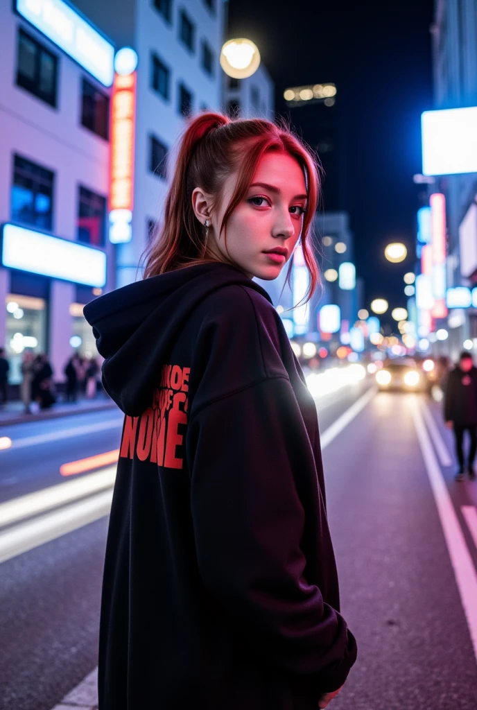 The image showcases a striking, neon-lit urban scene featuring a young woman named vanessa with red hair styled in a loose, high ponytail, illuminated dramatically by vibrant pink and blue lights. She stands in profile but turns her head slightly to make direct eye contact with the viewer, her expression confident and enigmatic. The ambient light casts colorful highlights on her pale skin, emphasizing the contrast between the cool and warm hues of the scene.

She wears an oversized, dark hoodie with bold red graphic text on the back, creating a stark contrast that adds an edgy, streetwear vibe. The setting is a city street at night, framed by tall buildings adorned with glowing neon signs and illuminated windows, hinting at a bustling nightlife. The background is alive with motion blur and light trails from passing cars, painted in streaks of bright blue, orange, and white, which add dynamic energy to the scene and suggest a fast-paced, futuristic environment.

Reflections of the neon lights bounce off nearby glass surfaces, creating a multi-layered visual effect that enhances the depth of the image. The mood is distinctly cyberpunk, with a blend of modern urban grit and futuristic aesthetics, evoking themes of rebellion, individuality, and mystery. The overall composition is visually captivating, merging the vibrant energy of the city with the commanding presence of the subject.