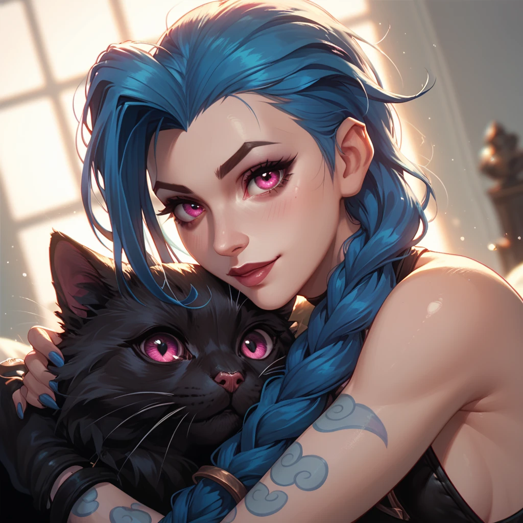 jinx from league of legends, snuggling a black cat in her arms, looking at the viewer. she has pink eyes and long twin braids. Front camera angle, close up, warm lighting for the adorable and whimsical mood.