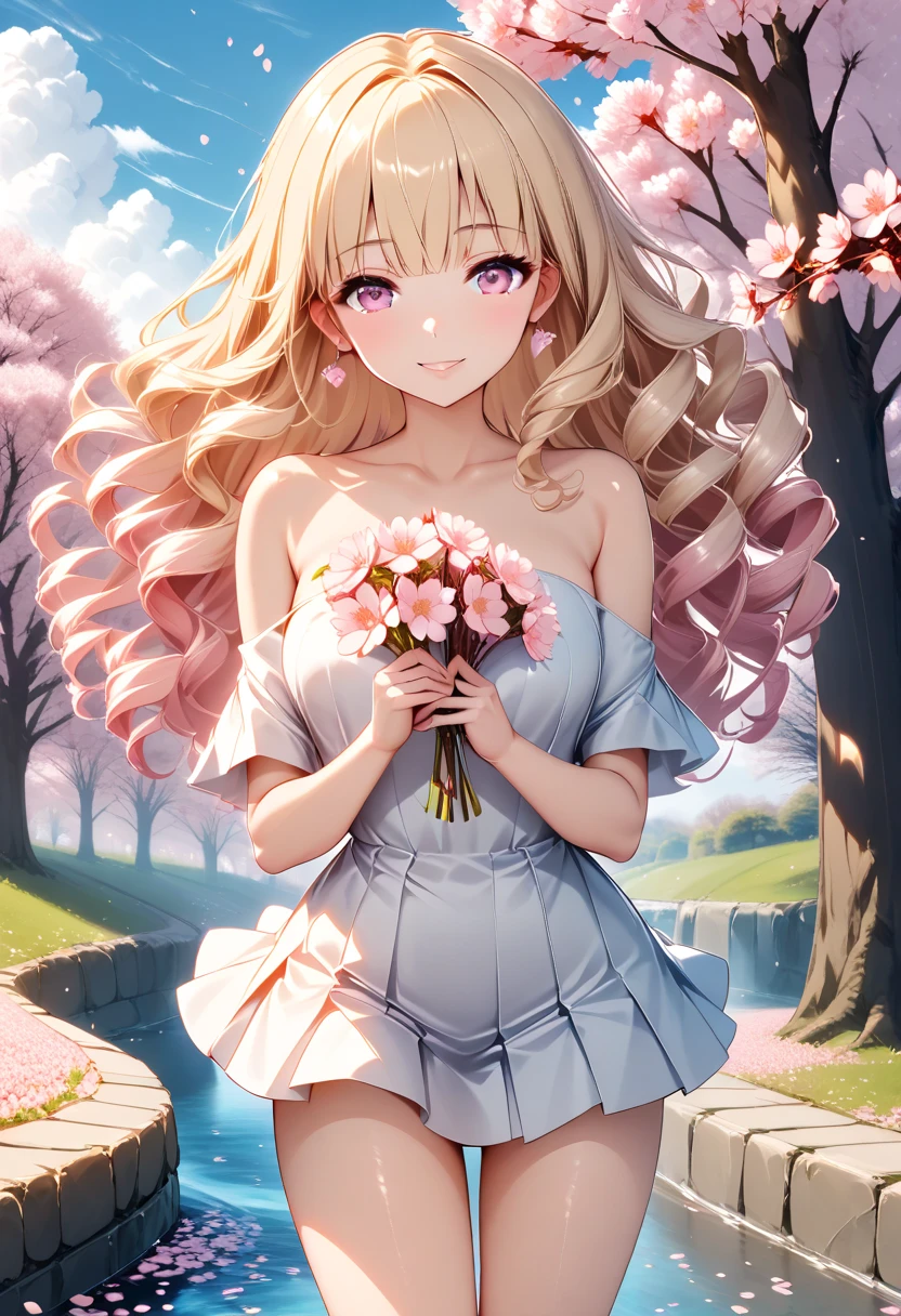 shiny skin,micro skirt,art by Cornflower, Dreamy, cherry blossoms_blossoms, fall_ petals,  petals, branch,  pink_flower,  1 girl ,, green_null, spring_(seasOn),  petals_On_liquid, flower, Cherry Blossom Viewing,  dress, (LOng blOnd curly hair：1.5),null, Outdoor, cloud, bangs, smile,  pink_eye, Naked_ shoulders ,  earrings for a woman alone, holding_flower, wind, tree,  watching _in_ viewer, cowboy shooting,