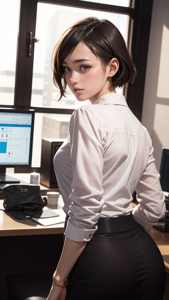 (8k, best quality, masterpiece:1.2), (realistic, photo-realistic:1.37), ultra-detailed, 1 girl,cute, solo,beautiful detailed sky,detailed office,night,sitting,(nose blush),(smile:1.15),(closed mouth) , medium breasts,beautiful detailed eyes,(collared shirt:1.1), night, wet,business attire, rain, (short hair:1.2), pureerosface_v1, computer, detail finger, beautiful detailed face,