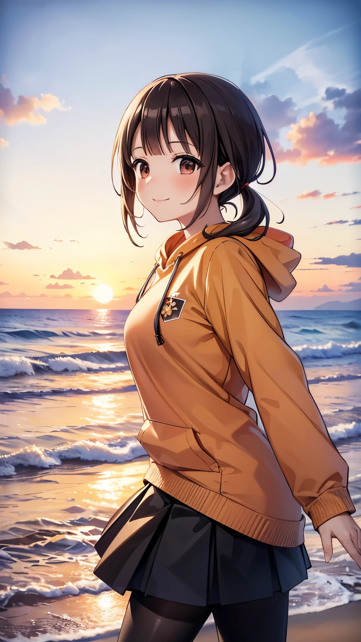 (16k, super high resolution, top quality,masterpiece, very detailed, very clear ),okitasawa,low twintale ,orange large size hoodie,black mini skirt, pantyhose, anatomically correct body , looking at the camera, very detailed facial features, beautiful and perfect face, smile:1.3,Sunset sky,Evening summer and winter seashore,((portrait shot:1.3)),sea, sandy beach, looking at the camera, Front Angle,The setting sun,red cheek:1.3