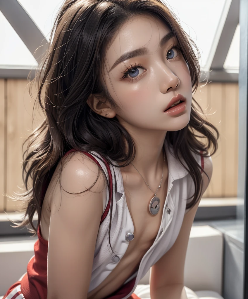 swimsuit, (Surrealism+pure), Delicate and beautiful eyes, ((Shot in the knee)), ((From below)), High contrast, High-definition quality, Dynamic Tilt, Flare effect, Realistic details, Official Art, masterpiece, Unity 8k Wallpaper, Ultra Detailed, 美丽的masterpiece, Top quality, Radiant Skin, light, sweet and cute, Long brown hair, curls, Warm colors, Very high color saturation