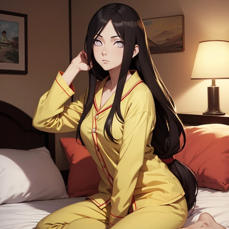 Adult Hanabi Hyuga from NARUTO. She's the heir of the Hyuga clan that has the same eyes color like her sister, White Eyes, Bedroom, Yellow Pajamas, Sleeping. 