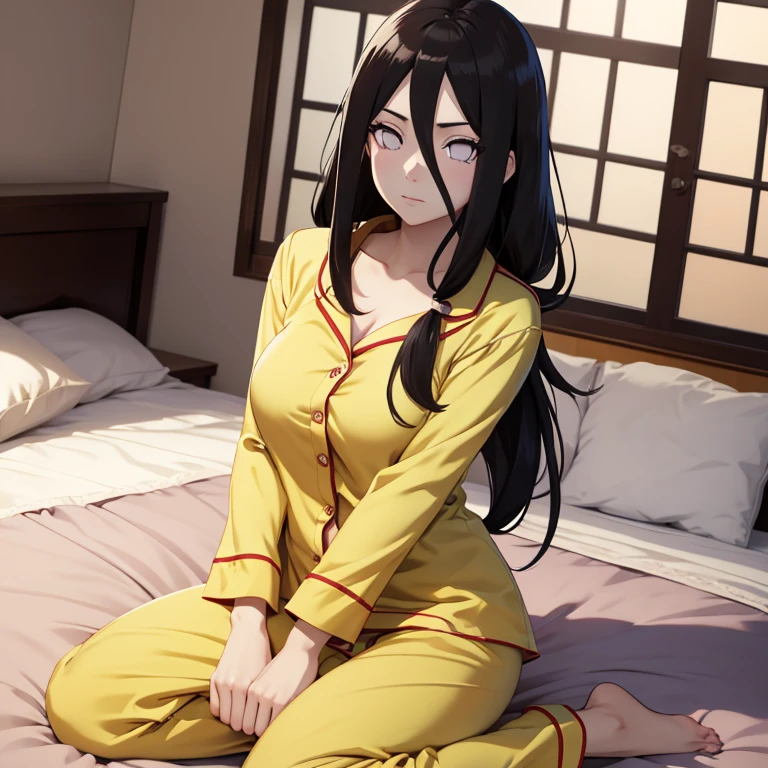 Adult Hanabi Hyuga from NARUTO. She's the heir of the Hyuga clan that has the same eyes color like her sister, White Eyes, Bedroom, Yellow Pajamas, Sleeping. 