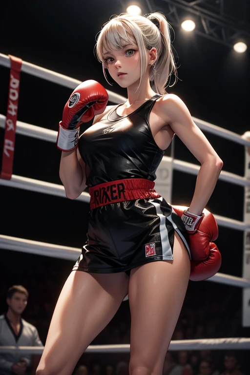 A slim Korean beauty,Good shape,Pretty Face,detailed picture, blush,White long hair,Wearing sexy sports bra,Wearing black suspender stockings,high-heel boots,Wearing black boxing gloves,Standing alone in the boxing ring, doing boxing defense,Large Breasts,Cleavage,Thin legs,nipple,Camel toe