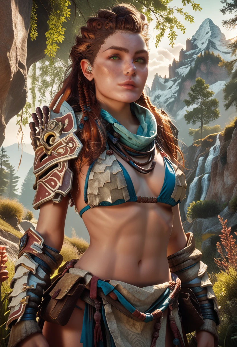 1woman, (Aloy:1.37), (Horizon Forbidden West Aloy:1.27),slim and slender, reddish brown hair, braids and hair ornaments, detailed green eyes, freckles, (small bust), (wearing string only micro bikini), (bikini armor:1.37), erect nipples, midriff, (thighs showing), ultra-detailed, beautifully detailed face, sharp green eyes, detailed lips, various dynamic combat poses, (cowboy shot:1.32), (wide angle:1.28), outdoor mountain landscape background, warm lighting, vibrant color palette, d3t41l3d