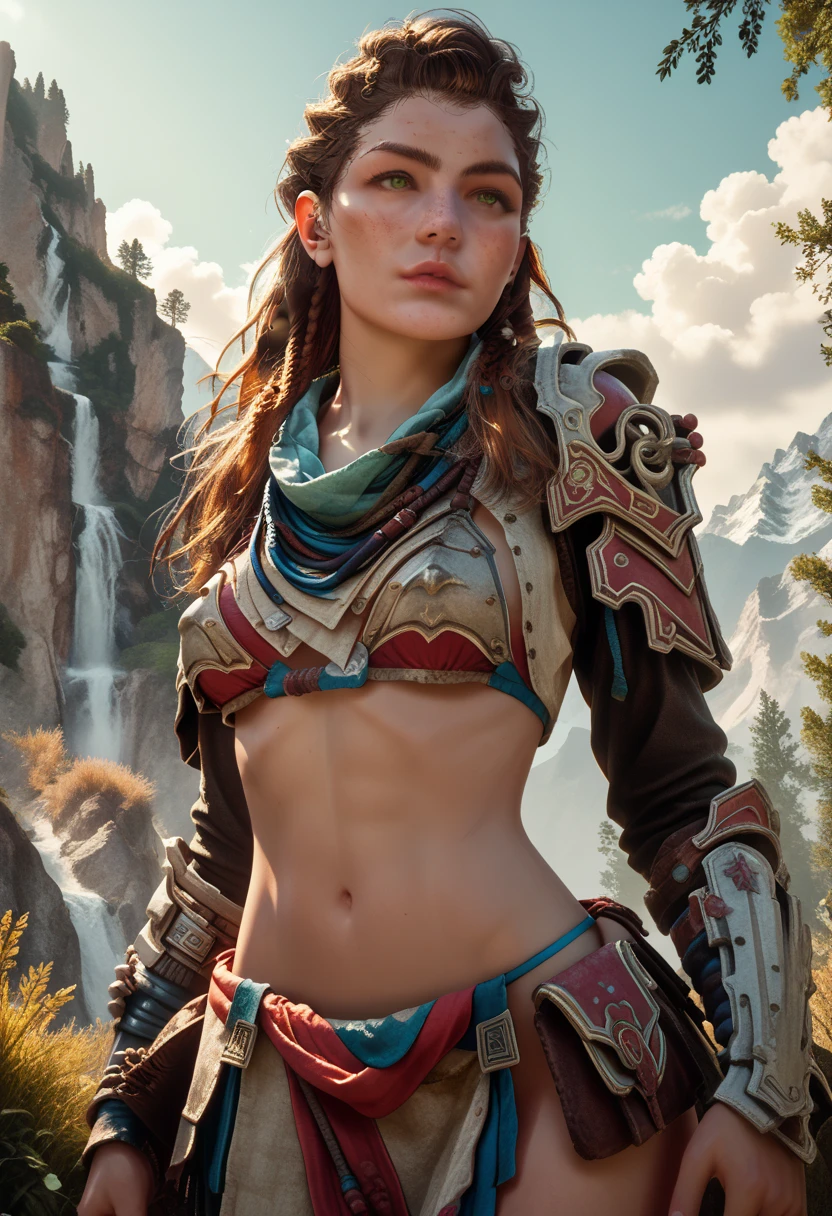 1woman, (Aloy:1.37), (Horizon Forbidden West Aloy:1.27),slim and slender, reddish brown hair, braids and hair ornaments, detailed green eyes, freckles, (small bust), (wearing string only micro bikini), (bikini armor:1.37), erect nipples, midriff, (thighs showing), ultra-detailed, beautifully detailed face, sharp green eyes, detailed lips, various dynamic combat poses, (cowboy shot:1.32), (wide angle:1.28), outdoor mountain landscape background, warm lighting, vibrant color palette, d3t41l3d