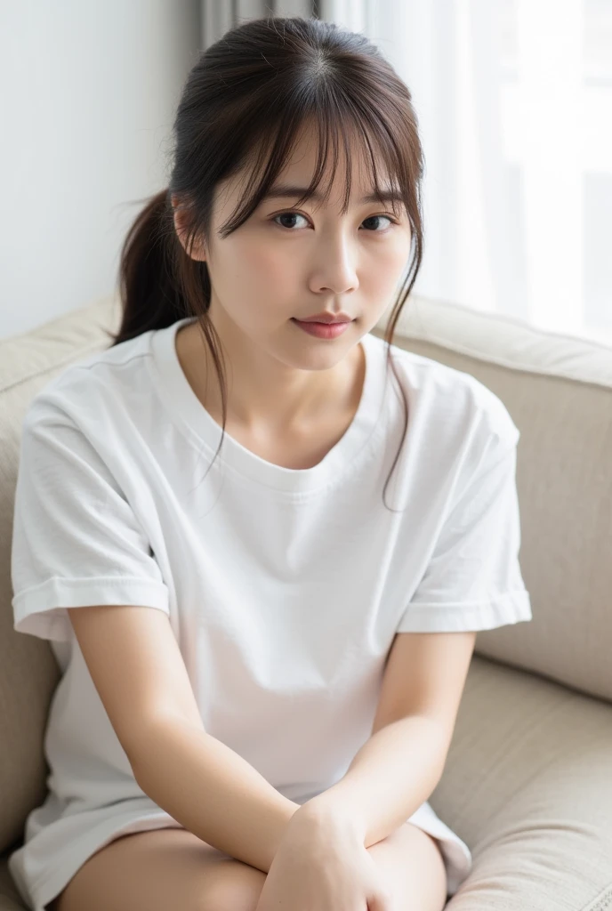  close-up portrait, slender East Asian woman with bangs ,  bright and pure colors stand out 、 I'm wearing a striking white oversized t-shirt.  relax on the beige sofa 、 sitting in a playful pose Yes , Legs crossed slightly 、 is barefoot on the couch .  Her expression is soft and natural ,  creates a comfortable and calm atmosphere .  The composition is straight ahead ,  captures everything from the upper body to the feet . In the background、Natural light pours in through the window、 there is a softly lit room ,  emphasizes a quiet, minimal tone ,  the brightness of the white shirt catches my eye 