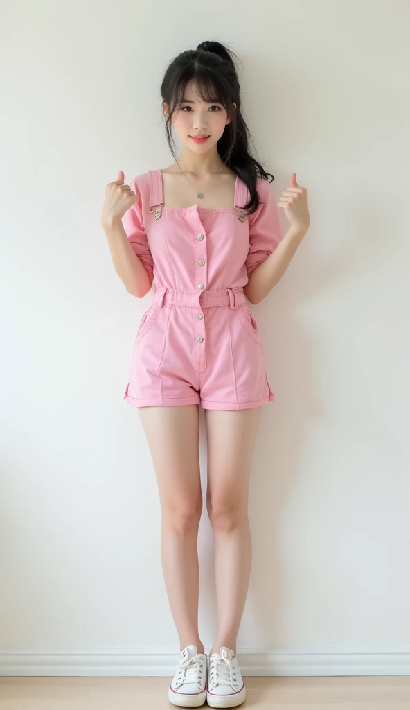 realistic, high resolution, 1 girl, white wavy curls, korea, thickest thighs, long legs, thin waist, natural expression, stockings, suspenders, tank top, shorts, short skirt, transparent, light tulle, ((1 girl))
