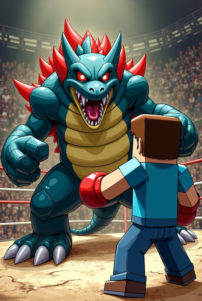 An anime image of johny Bravo putting a guillotine choke on godzilla in a Grappling match