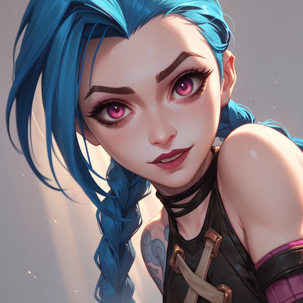 jinx from league of legends gunslinger, looking at the viewer. she has pink eyes and long twin braids. Front camera angle, close up, warm lighting for the adorable and whimsical mood.