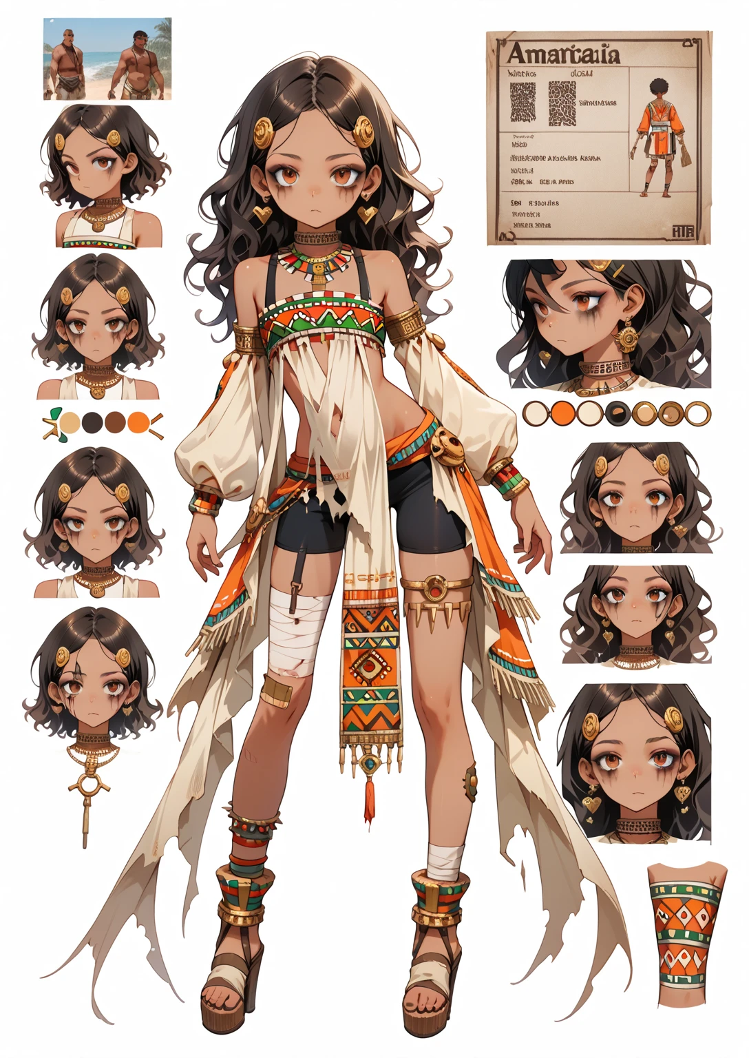 character sheet. clothing details, front view, back view. NSFW. dark skin ****, ((white) short wavy hair), flat chest, aztec clothes, bike shorts, asymetrical clothes, dangling elements, complex pattern design, bitch, prostitute, smear makeup, detached sleeves, long sleeves, expressionless face, long legs, detailed clothes, bandages on leg, hanging clothes, asymetrical legwear, plataform heels, sexy, spikes choker, hanging straps, heart hair clip, masterpiece, best quality, uncensored
