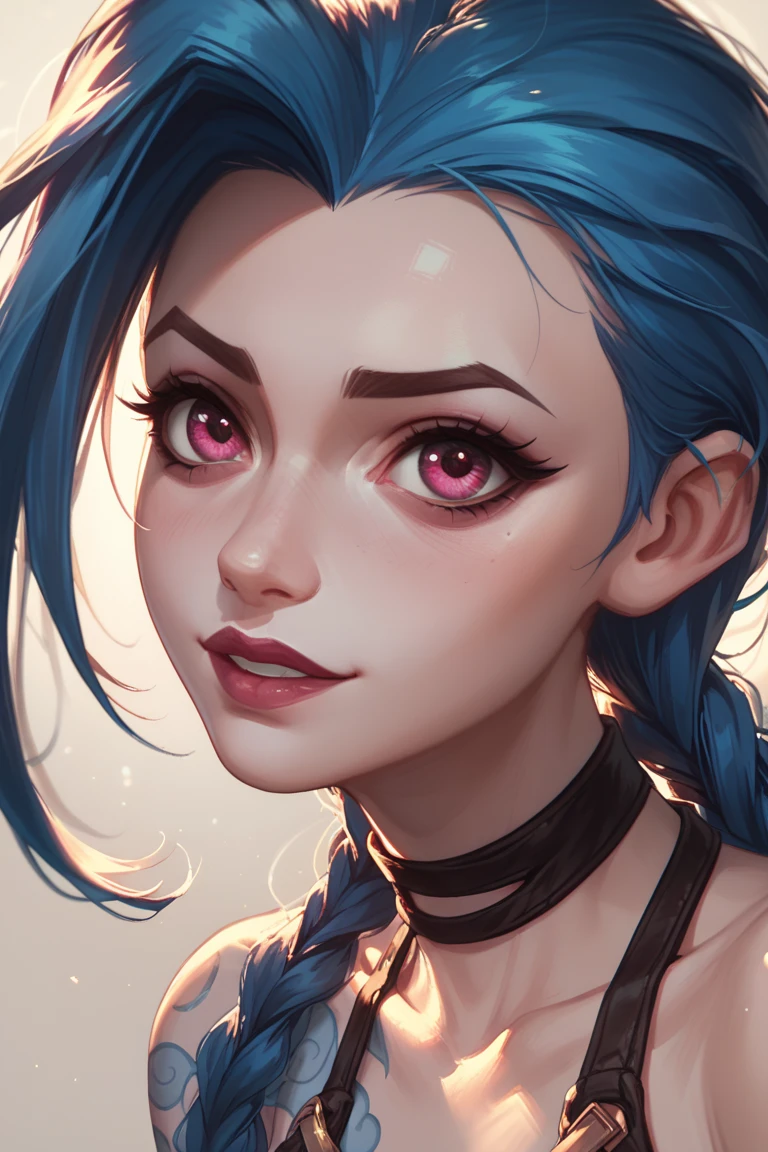 jinx from league of legends gunslinger, looking at the viewer. she has pink eyes and long twin braids. Front camera angle, close up, warm lighting for the adorable and whimsical mood.