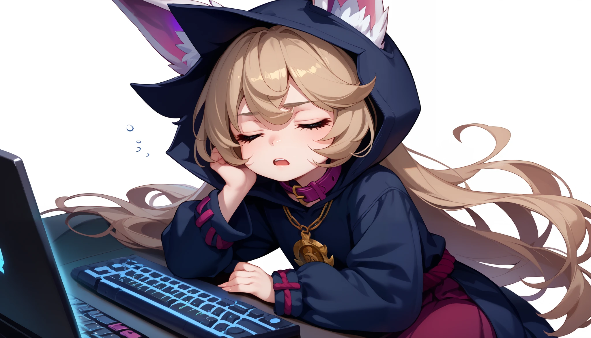 (masterpiece:1.3), (best quality:1.3), (very detailed), (anime style:0.1), game cg, anime coloring,((simple white background)),VexLoLXL,big eyes,yordle,shortstack,red eyes,((light brown hair,bangs,long hair)),shiny_skin,white_skin,white skin,black hood,hood up,ears through headwear,white animal ears,black shirt,purple collar,gold pendant top,long sleeves,black dress,long dress,bare hands,((solo)), 1girl,((tired:1.4)), ((closed eyes:1.4)), ((open mouth)), Motivated, enthusiastic, energized, determined, confident, focused, inspired, ambitious, passionate, driven.,Using a computer,Typing on a keyboard