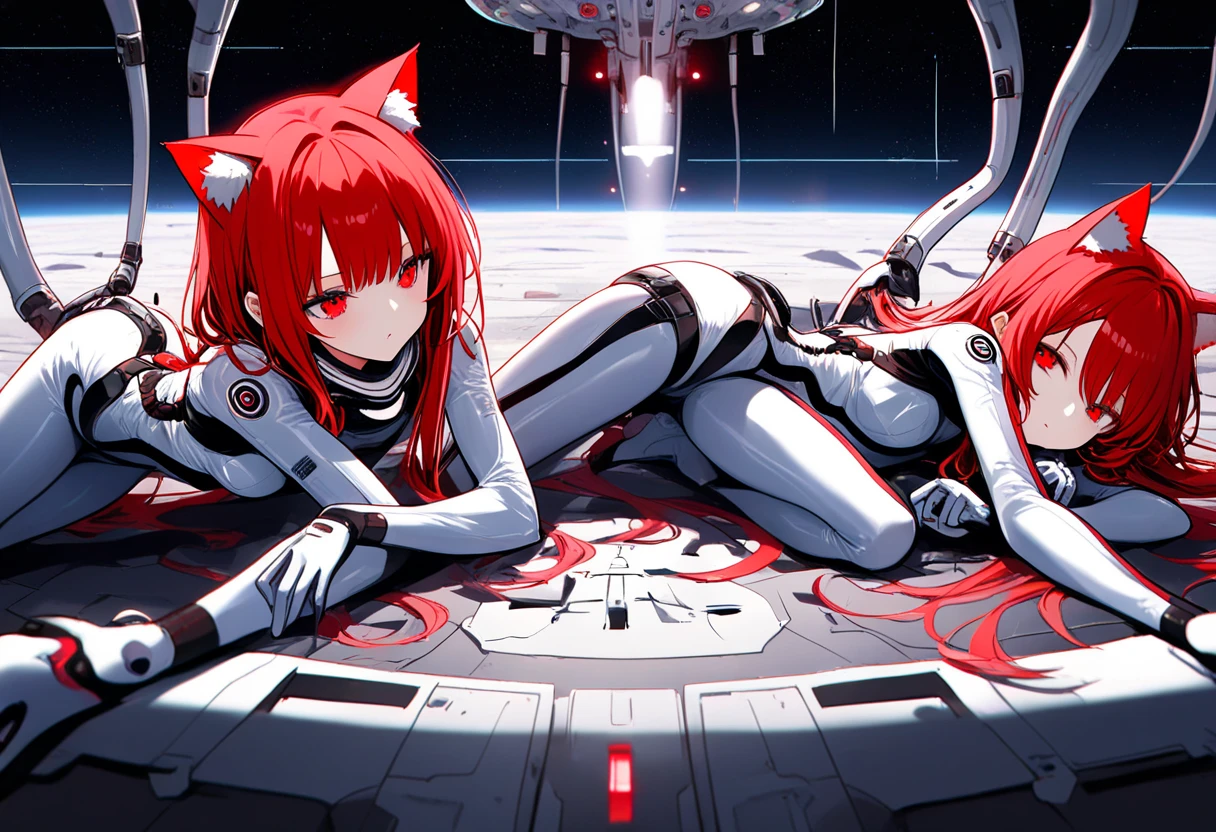  4K,  red hair  、stockings,    Red eyes , ,  cat ears,  high definition  , One, masterpiece,    best quality,  duration , tight space suit , 1 girl, on the ground