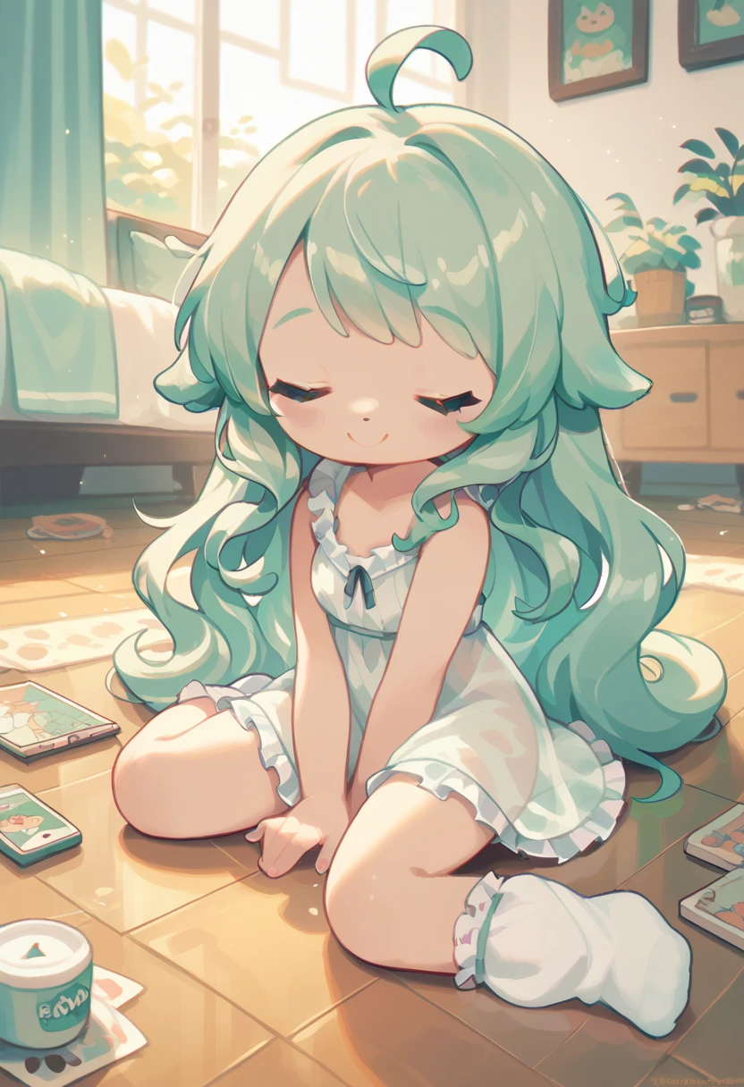 1girl, closed eyes, smiling, sitting on the floor, white frilly socks, light green nightgown, messy black long hair, playing with a puppy, the puppy is a small, cute corgi, it is a really cute picture