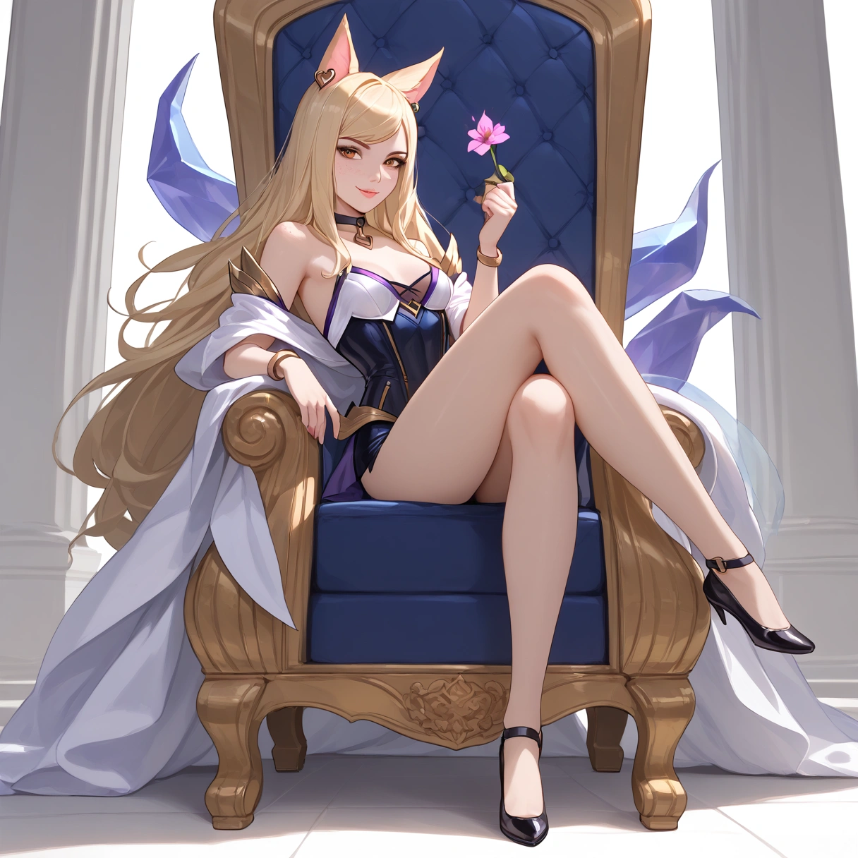 ((full body photo, standing, feet on the ground)) KDA Ahri LoL PD, masterpiece, best quality, (sitting on throne, legs crossed, showing feet, profile photo), highly detailed, score_9, score_8_up, score_7_up, score_6_up, anime font ,BREAK, 2girl, solo, long hair, blue eyes, flower, small breasts, bow, looking at viewer, freckles, parted lips, smile, full body, lips red, lips, leather ballet shoes, side photo, she looks at you, fishnets, white background, neutral cast
